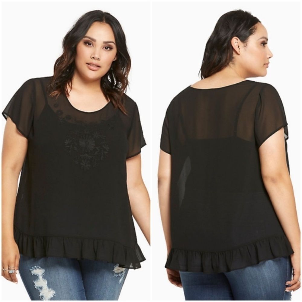 Torrid Sheer Black Chiffon Ruffled Top Sz 00/M-L
